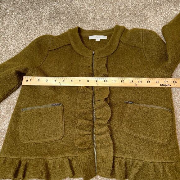 LOFT Merino Wool Jacket ruffle edges olive green zip up pockets career SZ M PT - Picture 4 of 10
